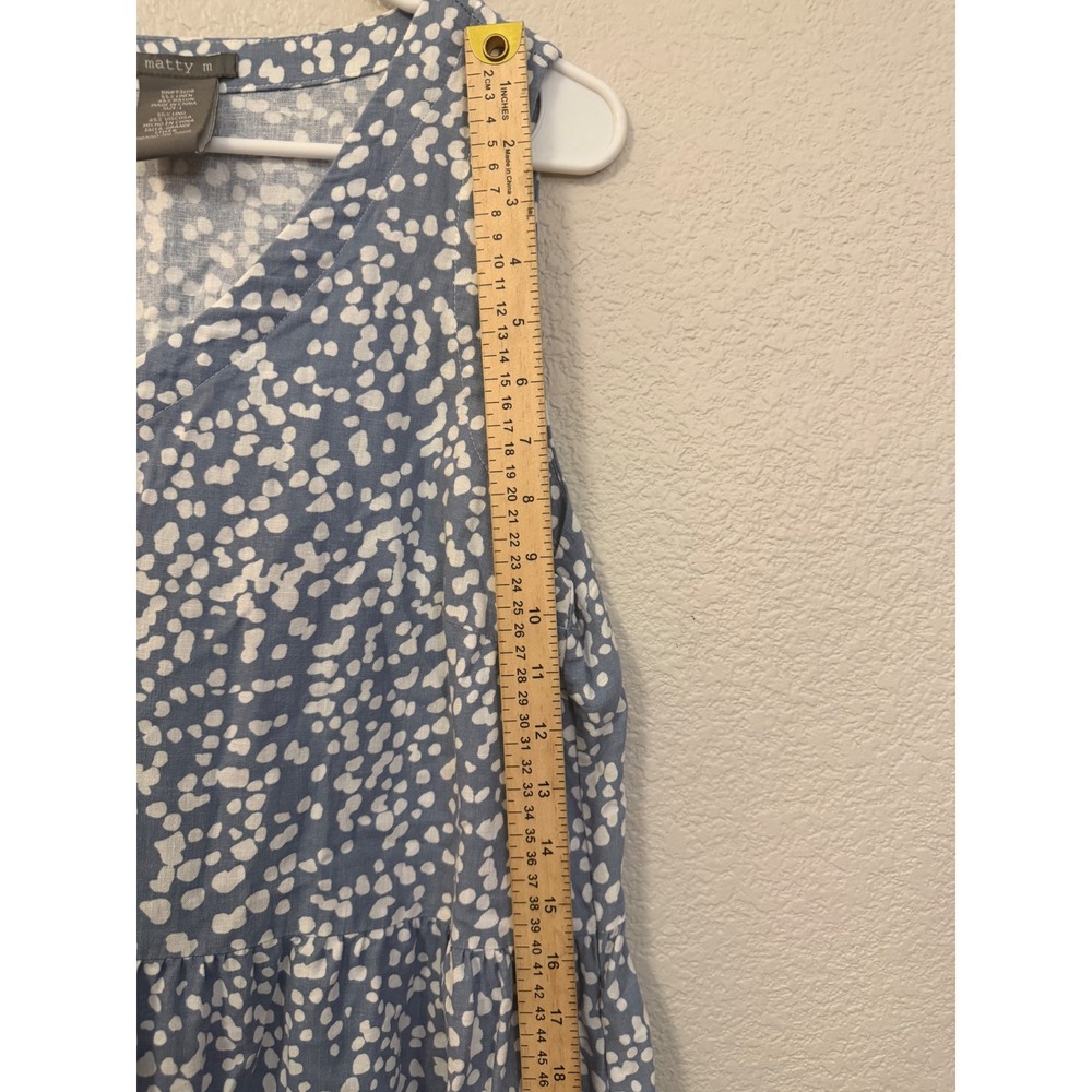Matty M Blue White Dot Linen Blend Tiered Mini Dress V-Neck Pockets Large MD9210 - Picture 5 of 8
